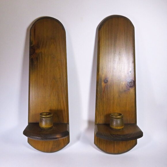 Other - Vintage Pair Hand Crafted 3/4" Wood Hanging Wall Decor 16" Tall Candle Holders